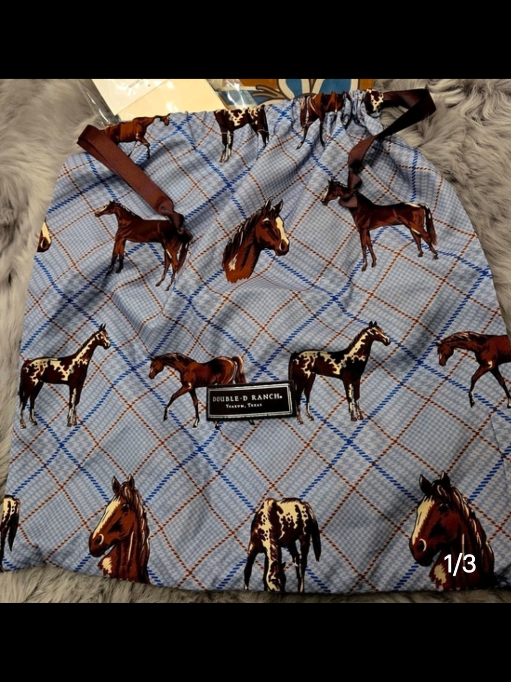Double D Ranch Blue Plaid Horse Drawstring Tote/Lingerie Bag with Brown Accents